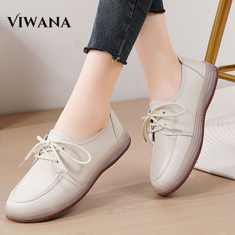 VIWANA Oxfords Shoes For Women Korean Style Genuine Leather Black Casual