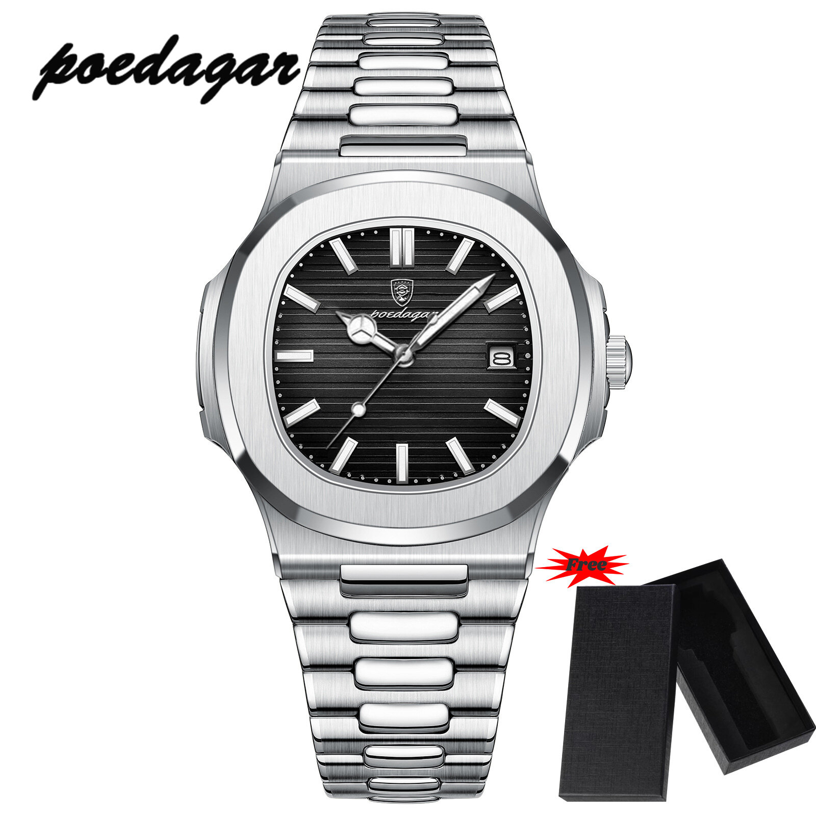 【With a Watch Box】POEDAGAR Top Brand Fashion Men Watches Luxury Business Man Wristwatch Waterproof Luminous Date Week Quartz Watches Square Shape Stainless Steel Strap High Quality Men's Watch 613G + Watch Box