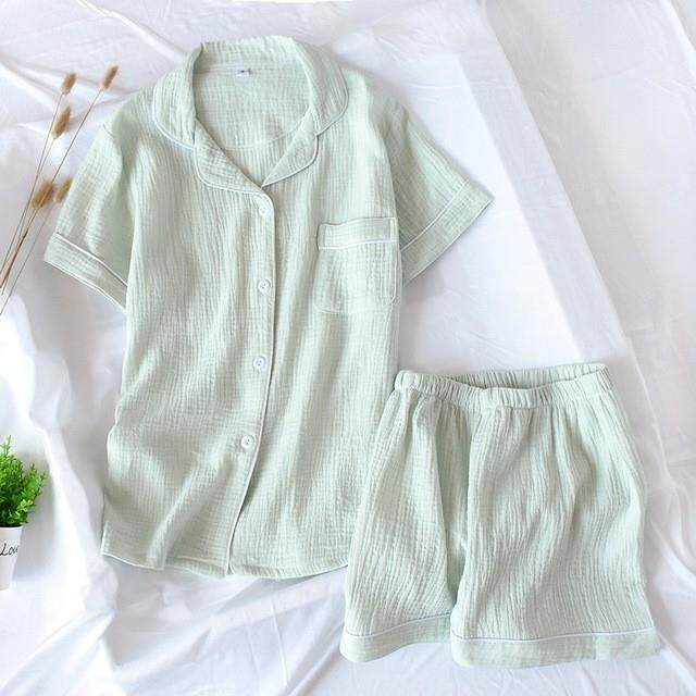 HOT ● [Ready Stock]Women Men 100 Cotton Crepe Long/Short Sleeve Pajamas Set Solid Color Pyjamas Baju Tidur Wanita Sleepwear Nightwear Korean Couple Pijamas