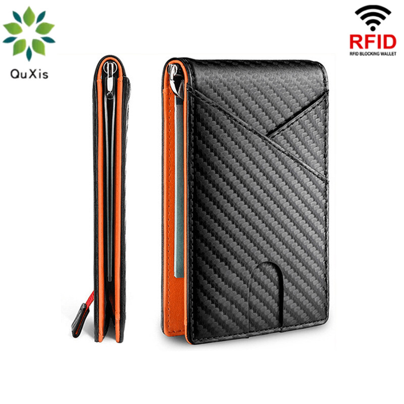 Quxis 2023 mới rfid da thật gấp đôi mỏng ví cho nam ví đựng tiền ví đựng thẻ mỏng túi trước thẻ tín dụng id ví đựng tối giản