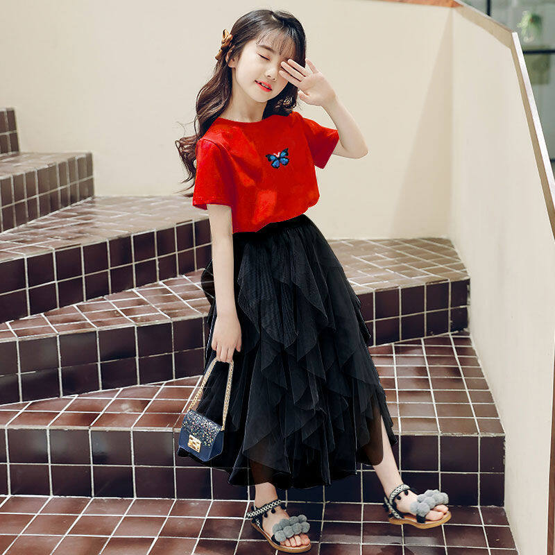 Cô Gái Bộ đồ mùa hè 2024 ngắn tay Mới Tops + Váy Ăn Mặc 2 bộ chi tiết Giản Dị Tracksuit Cho Cô Gái Tuổi Teen Trang Phục 4 6 8 10 12 Năm