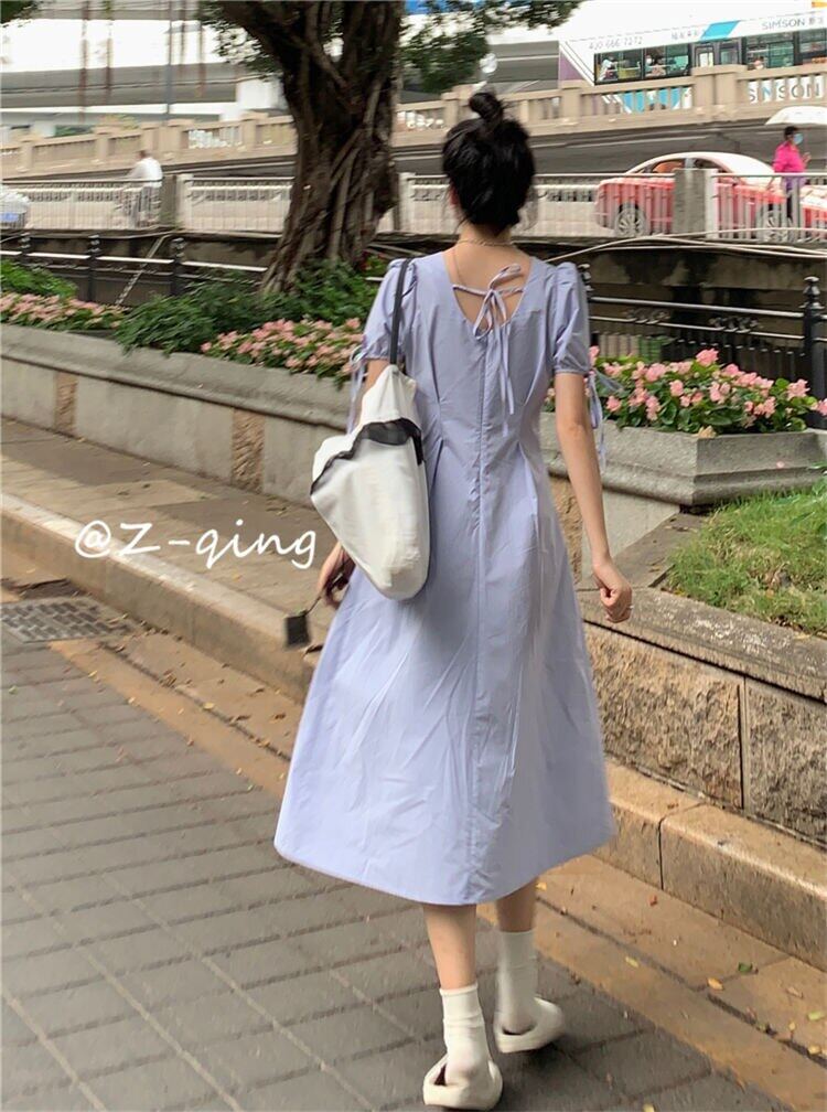 French style square collar puff sleeve dress design niche temperament slim fit gentle first love backless white fairy skirt