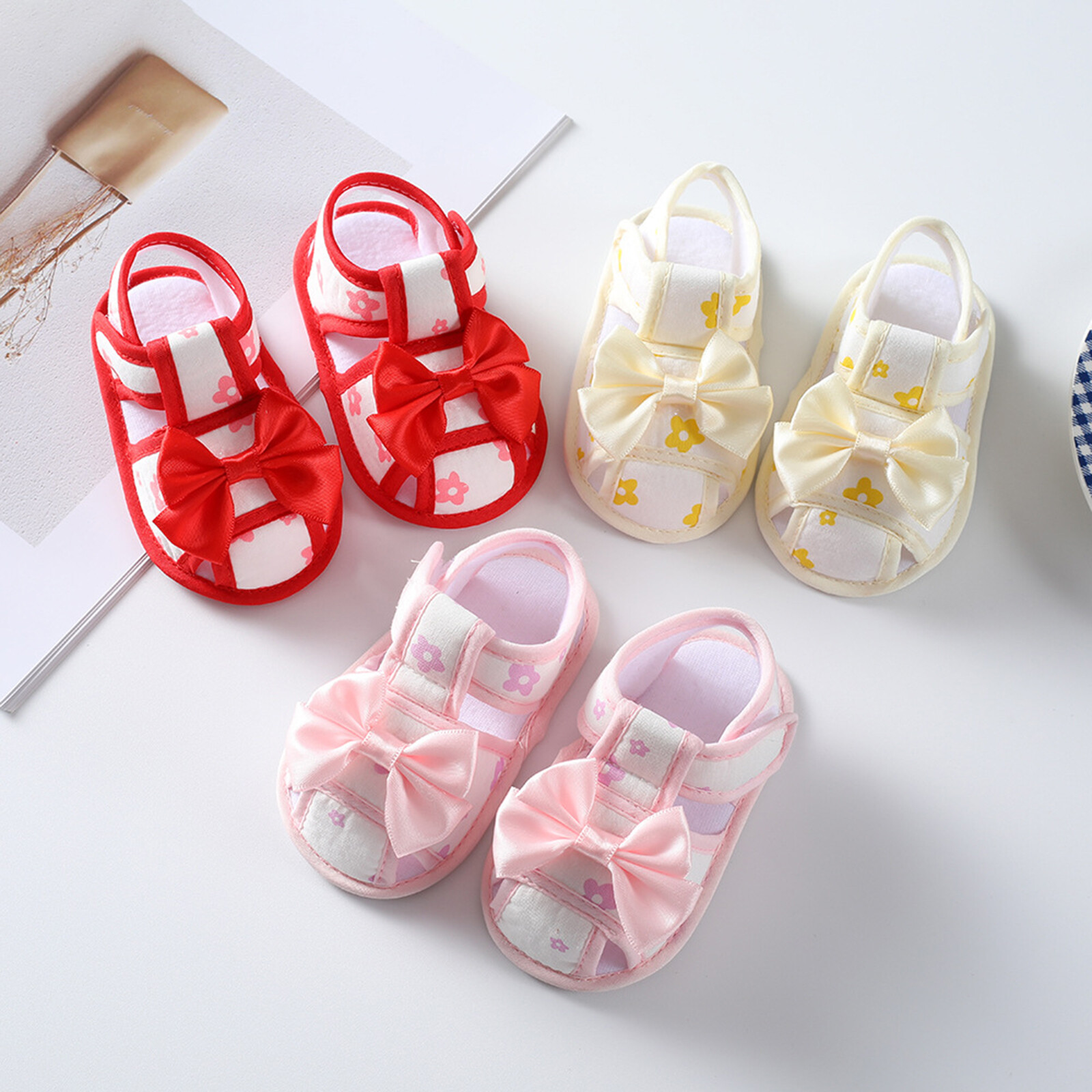 【beautywoo】 Baby Kid Girl Shoes, Floral Print Big Bow Cutout Soft Sole Summer Home Casual Shoes