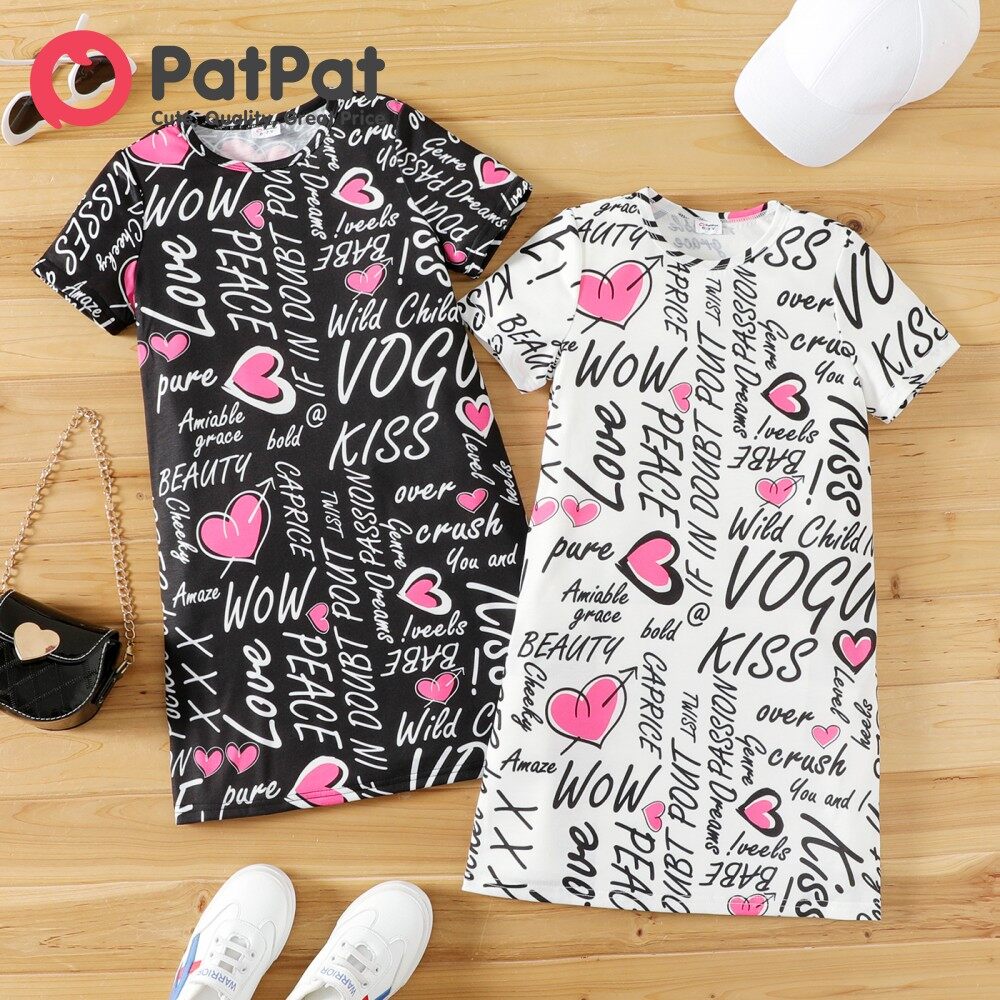 PatPat Kid Girl Clothes Letter Heart Print Short-sleeve Dress for 4