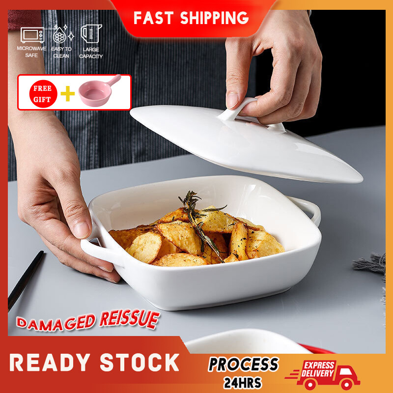 Gambar Nordic Square with Lid Binaural Ceramic Baking Tray Home Oven Microwave Oven Kitchen Baking Rice Bowl