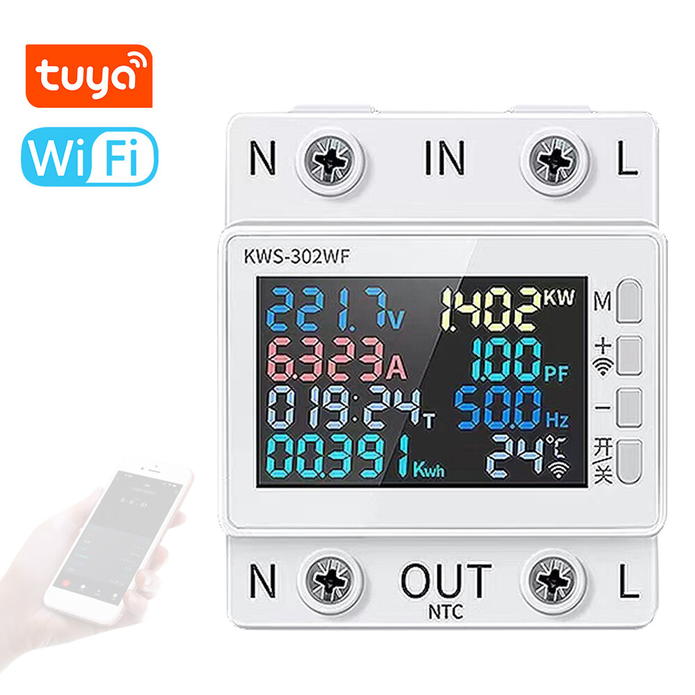 Đồng hồ đo điện tuya wifi 8in1 đồng hồ đo năng lượng 2p ac app điều khiển 170-270v / 63a công suất hiện tại đồng hồ đo tần số nhiệt độ thời gian