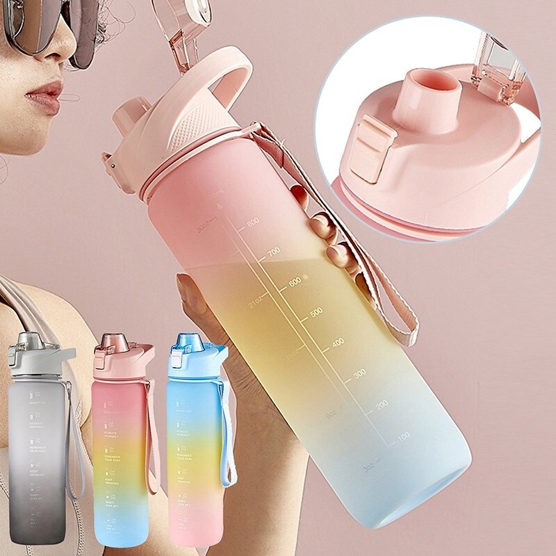 Gambar 32oz Motivational Water Bottle with Time Marker With Straw Noozle Leakproof Sports Water Bottle Fruit Water Bottle Sports 1Liter