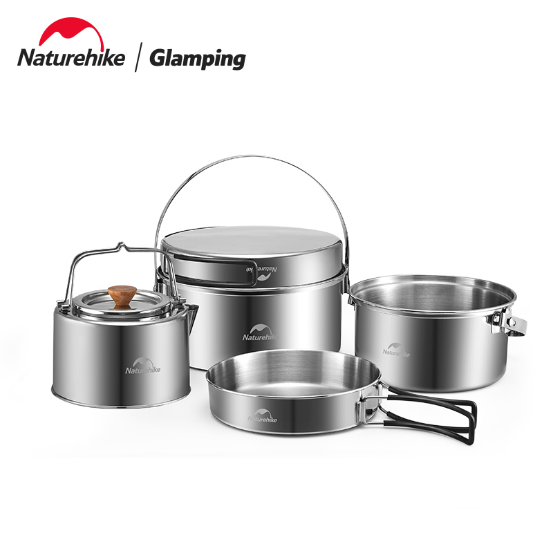 Naturehike bộ nồi thép không gỉ ba trong một nồi nấu dã ngoại cắm trại ngoài trời tiện dụng dụng cụ nấu ăn nhà bếp dụng cụ nấu ăn