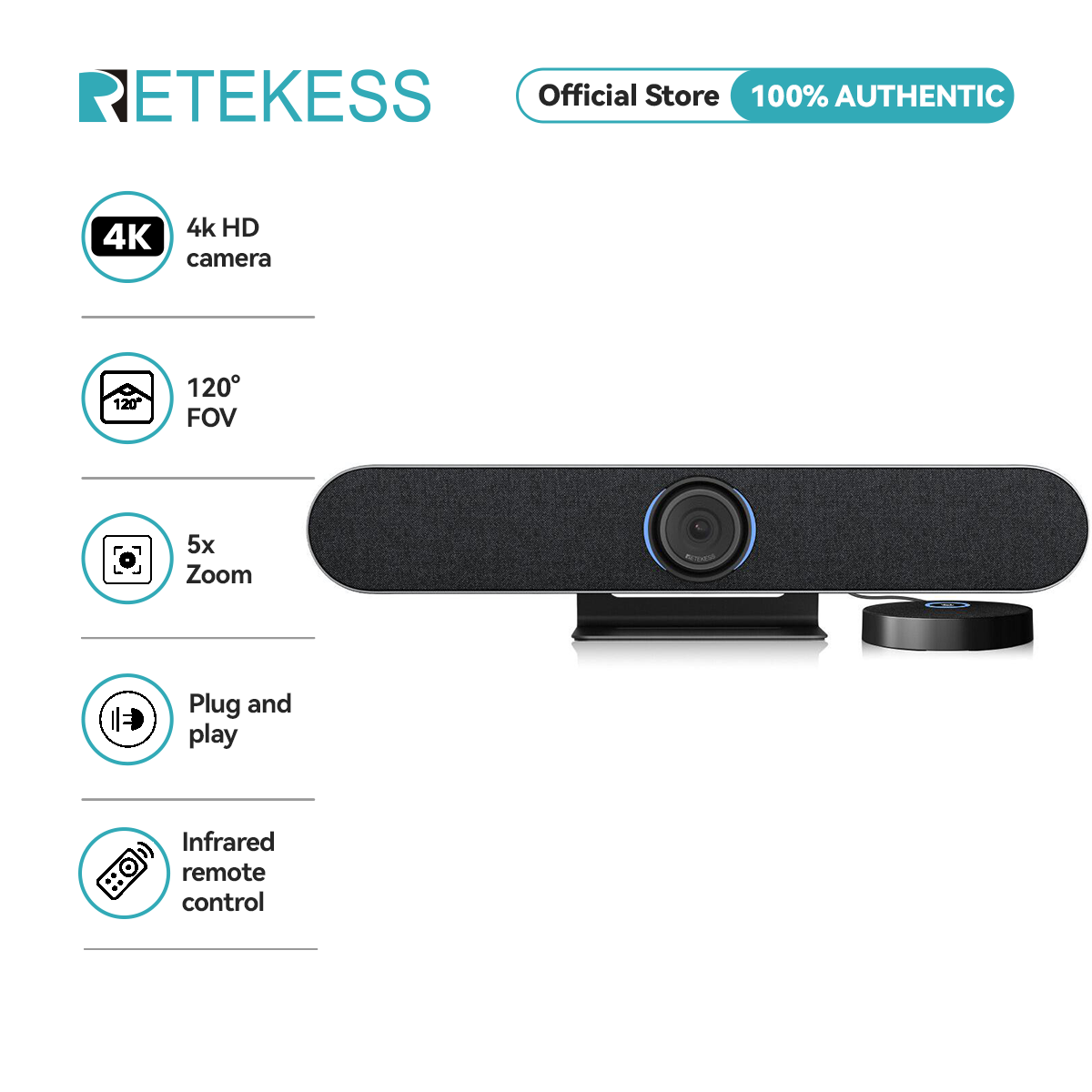 Retekess TC201 Zoom Conference Room Camera, 120°Wide Angle Webam with Microphone, 4k HD Camera for Video Conferencing Live Streaming Worship Events Church Services Education Skype Harga 1,899 Ringgit*Penghantaran Percuma