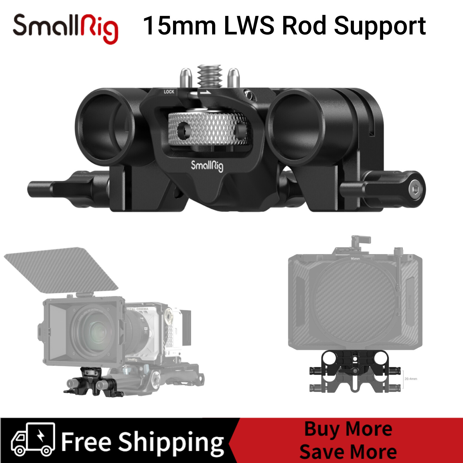Smallrig hỗ trợ thanh lws 15mm, thiết kế có thể điều chỉnh và chống xoắn, tương thích với hệ thống hỗ trợ smallrig 3196/3680/ 3556/3641/ 3645 matte box to rail, kẹp thanh kép 15mm-3652
