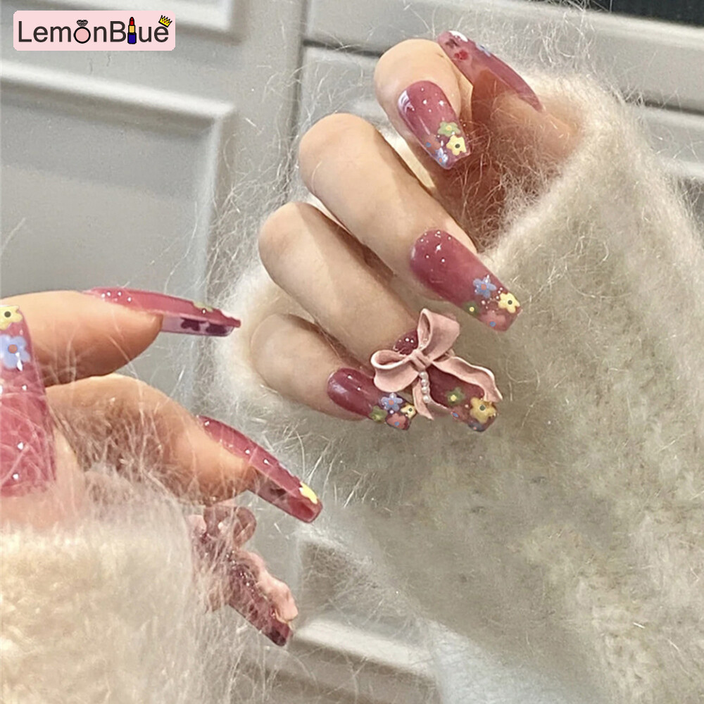 Gambar LemonBlue 24Pcs Glossy Pink False Nails 3D Bow Flower Long Fake Nails for Women and Girls Fake Nail Patch Press on Nails Easy Tear Not Fall Nail Art French Style Full Cover Nail Sticker Salon Finger Toes DIY Manicure Artificial Nails Fake Nail Pieces