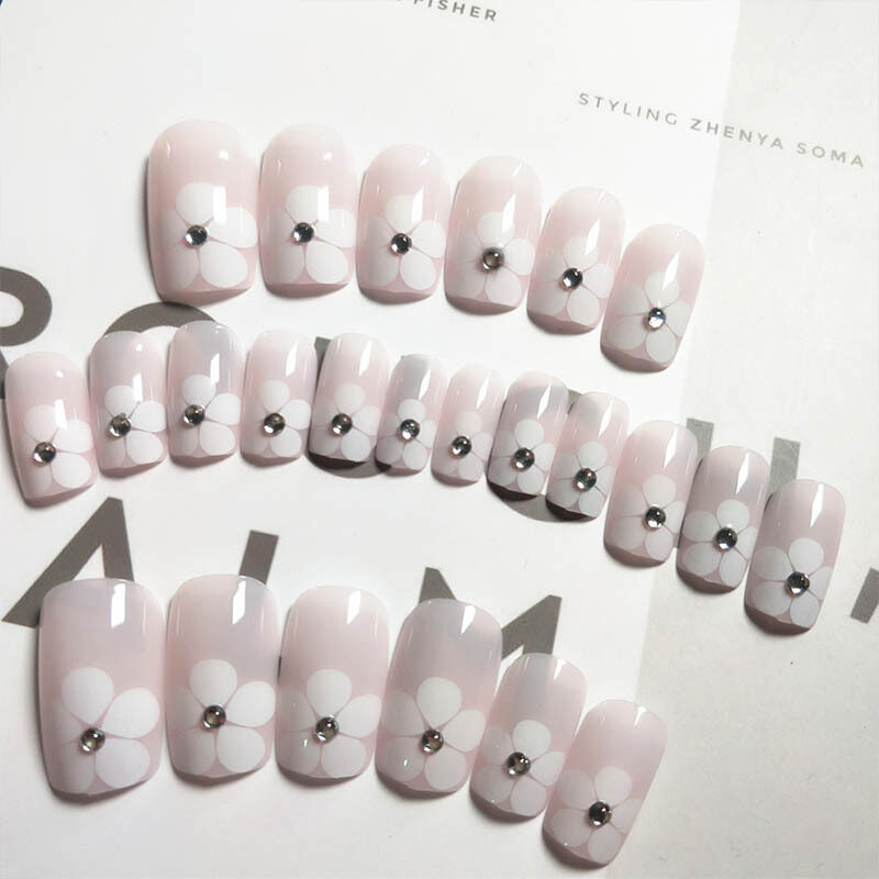 24 Chiếc/Bộ Mẹo Bấm Móng Vuông Cô Dâu Họa Tiết Hoa Màu Trắng Xinh Xắn Thiết Kế Đính Kim Cương Giả Móng Giả Nhân Tạo