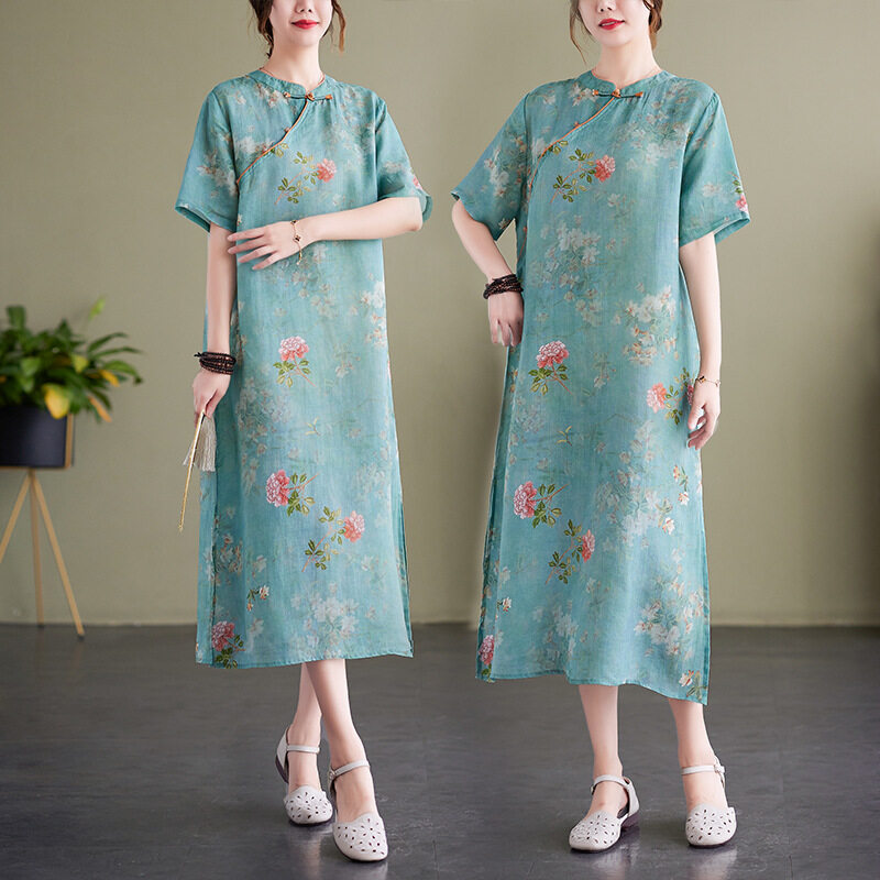 ĐầM Nữ ĐầM Suông Ngoại Cỡ Dáng Rộng Váy Sườn Xám Cải Tiến Phong Cách Trung Quốc Mới Mùa Hè Đầm Văn Chương Có Nút Cổ Áo Cho Nữ