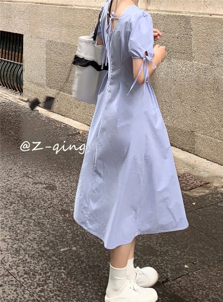 French style square collar puff sleeve dress design niche temperament slim fit gentle first love backless white fairy skirt