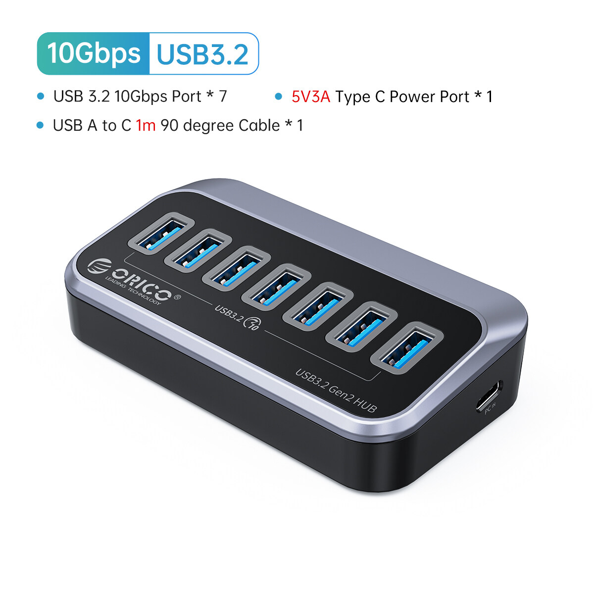 Bộ Chia USB Cấp Nguồn Bộ Chia Dữ Liệu USB ORICO 7 Cổng Với Cổng Sạc PD 18W Bộ Chia USB Siêu Tốc 10Gb