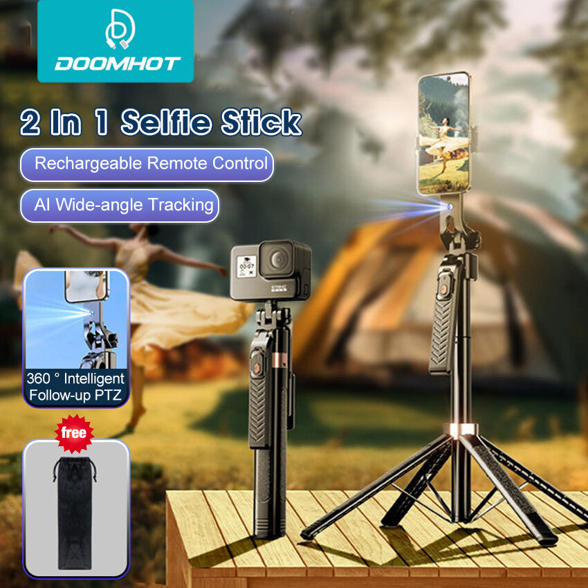 Doomhot 1.8m Ảnh Tự Sướng Thanh 360 ° Thông Minh Theo Dõi Ptz AI Góc Rộng Theo Dõi Bluetooth có thể sạc lại Điều Khiển Từ Xa Điện Thoại Di Động Giá để điện thoại điều khiển từ xa không dây Mini gậy hỗ trợ tự chụp ảnh có thể kéo dài ra Với túi lưu trữ