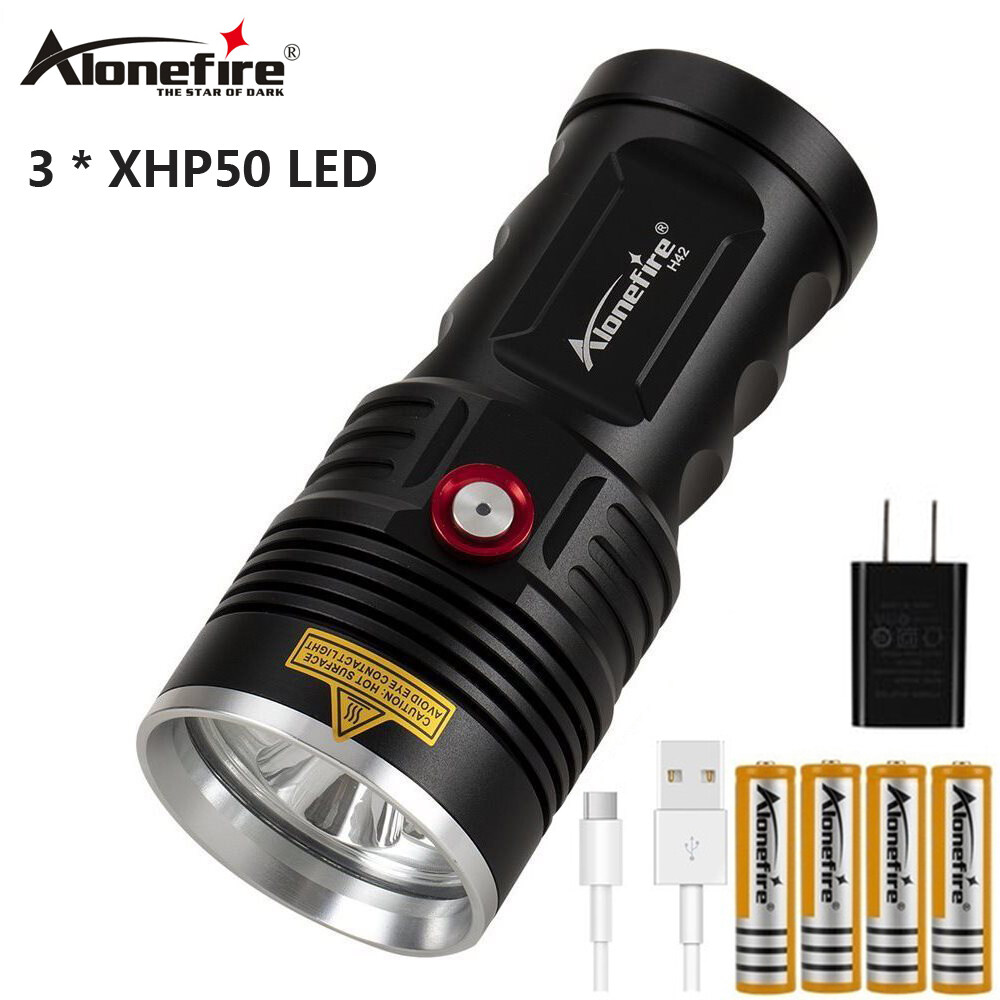 AloneFire Đèn Pin LED Siêu Sáng H42 3x XHP50 Đèn Pin Chống Nước Sạc USB