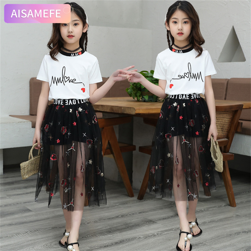 Aisamefe Girls Summer Set 2023 New Children's Student Mesh Black and White Paired Two Piece Set (T-shirt+Short Skirt) ราคา 478 บาท*ส่งฟรี