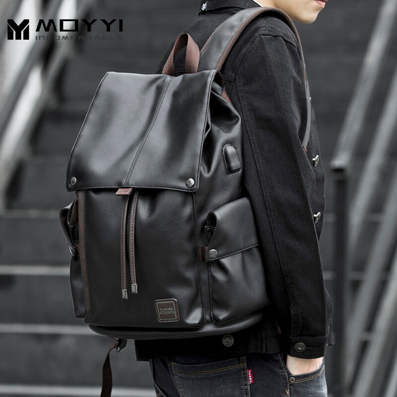 MOYYI Famous Brand School Style Leather Backpack Bag For College Simple Design Men Waterproof Casual Daypacks Traveling Backpack