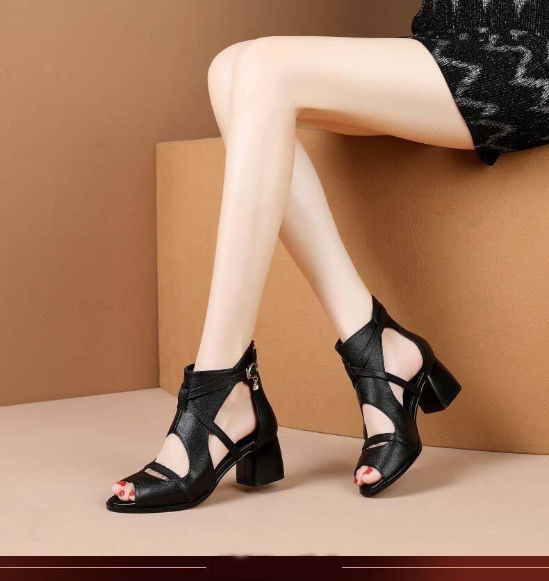 Genuine leather high-end sandals for women 2022 summer new high heel Roman style shoes peep toe chunky heel mom sandals for women Mid Heel