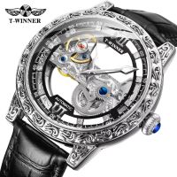 New WINNER Brand Gold Transparent Watch Luxury Mens Leather Skeleton Skeleton Mechanical Automatic Watch Fashion Men