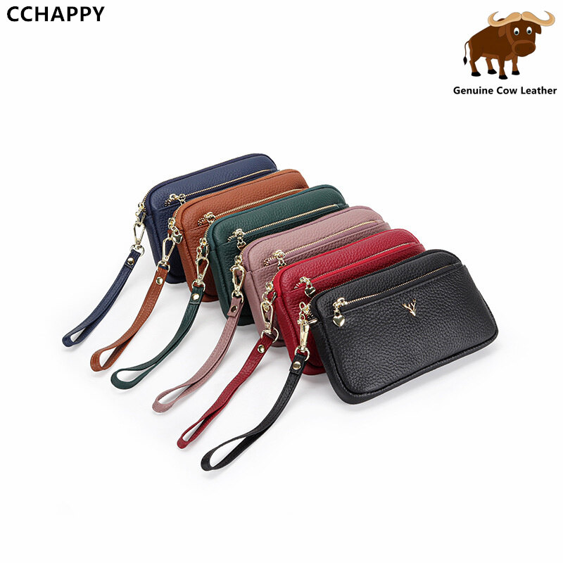 Cchappy da thật Túi xách dài cho nữ da mềm cổ tay Túi Túi điện thoại nhỏ Nữ Ví Dài của phụ nữ Túi ví cầm tay