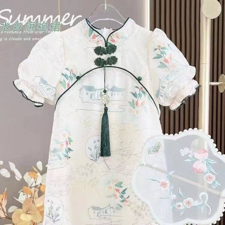 Váy bé gái mùa hè cổ điển phong cách Trung Quốc Mới mẹ và con gái tay áo