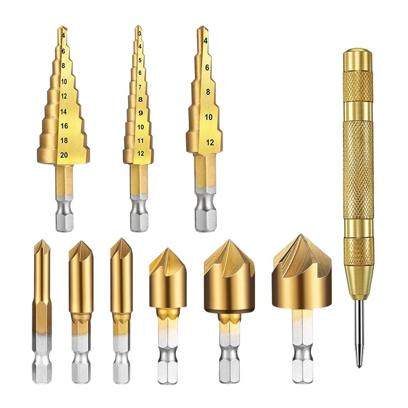 4-32/4-20/4-12 mm 10 Pieces Step Drill Bit Set 1/4 Inch Hex Shank 5 Flute Countersink Drill Bit Set with 5 Inch Automatic Spring Loaded Center Punch and Bag for Wood Metal Plastic Glass 