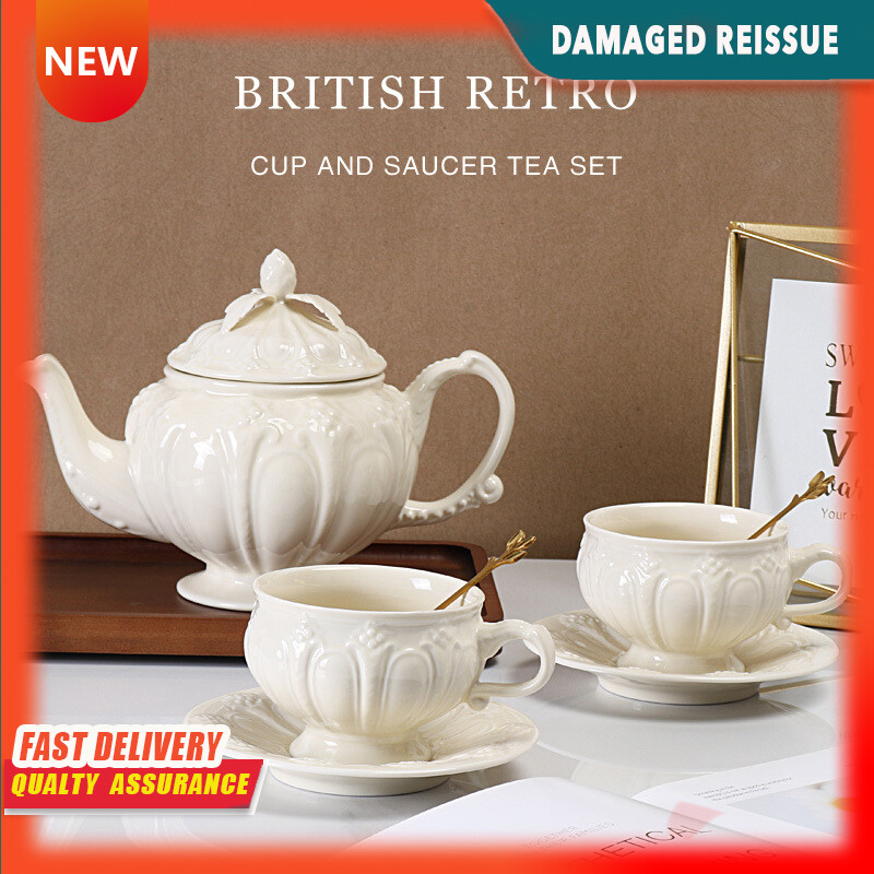 Gambar European style Large capacity Embossed Coffee Cup and Saucer with Spoon and Pot English Afternoon Tea Set