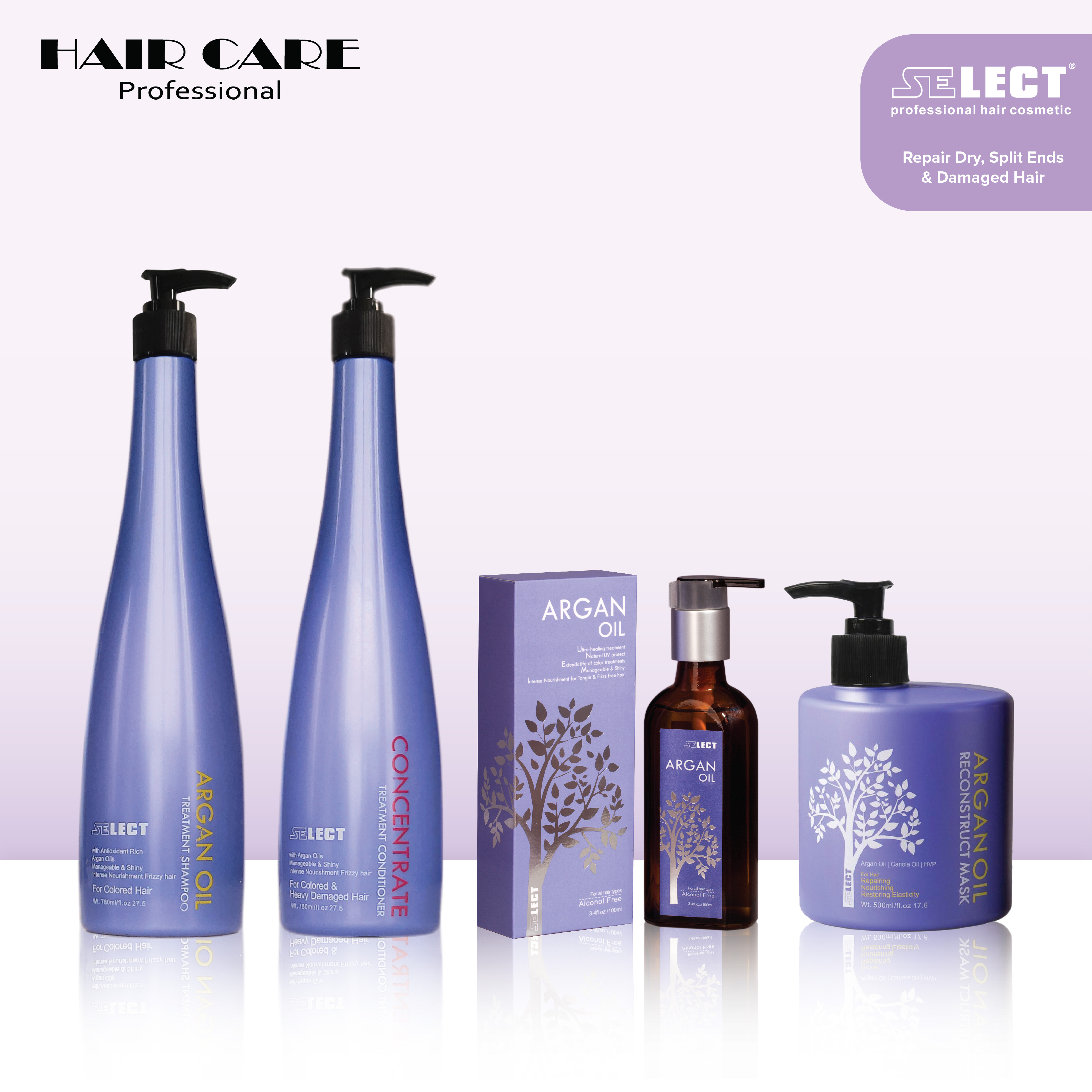Gambar Select Argan Oil Healing Treatment ( Hair Serum   Oil )100ml + Select Argan Oil Shampoo 780ml + Select Concentrate Conditioner 780ml + Reconstruct Treatment Hair Mask 500ml   For Damaged Hair Split Ends  amp Frizzy Hair