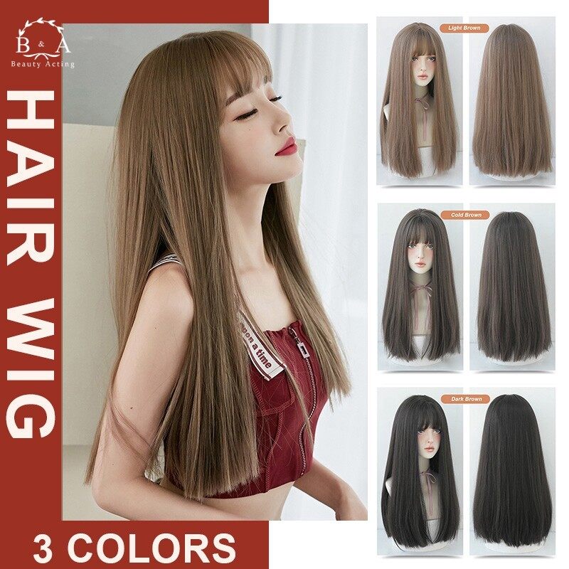 Gambar *SEVEN QUEEN* Wig female long hair full headgear black long straight hair natural air bangs full top hair realistic wig