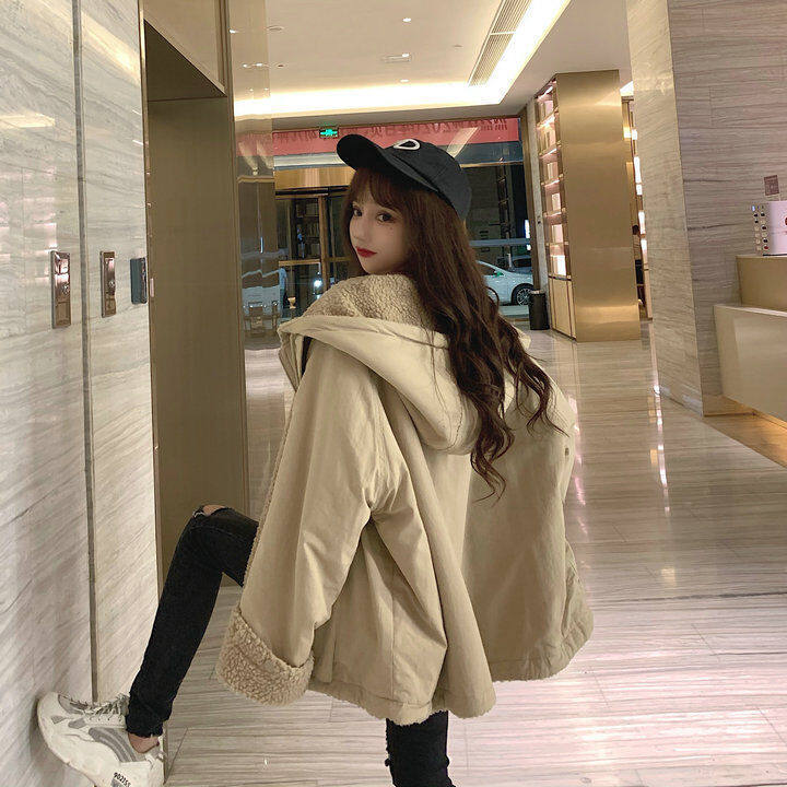 Thickened double-sided lamb wool coat for female ins students Korean style loose autumn and winter New Harajuku workwear cotton coat fashion