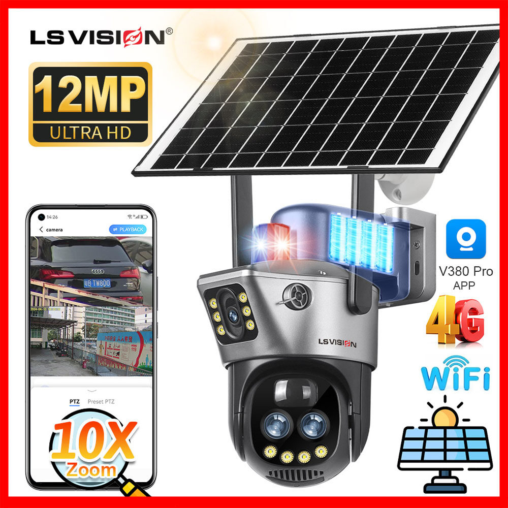 Camera CCTV năng lượng mặt trời ống kính kép WiFi 4G Camera An Ninh PTZ không dây 10 lần Zoom quang học nhìn trong đêm đầy màu sắc không dây Camera An Ninh PTZ ngoài trời chống nước IP66 + Camera IP âm thanh hai chiều phát hiện IR + AI 2025 V380 Pro 6K 12