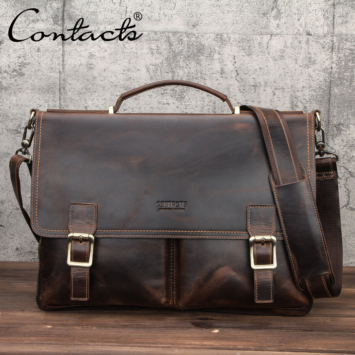 CONTACT'S Men Briefcase Bag Crazy Horse Leather Shoulder Messenger Bags Famous Brand Business Office Handbag for 14 inch Laptop ราคา 2,389 บาท*ส่งฟรี