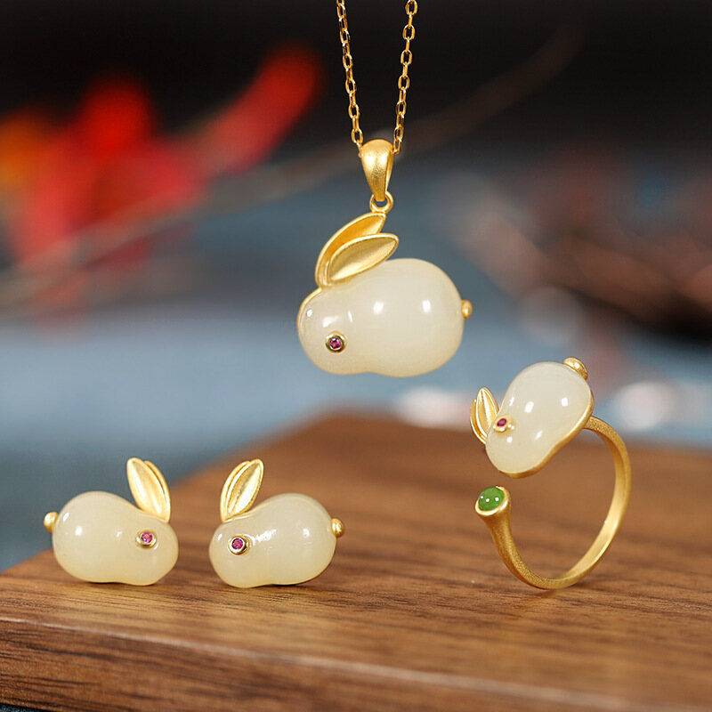 Her Lab Jewelry | Jade Rabbit Bracelet White Jade Rabbit Necklace Earrings Ring Fashion Single Jewelry Set 18K Gold Plated Ladies Jewelry ราคา 183 บาท*ส่งฟรี