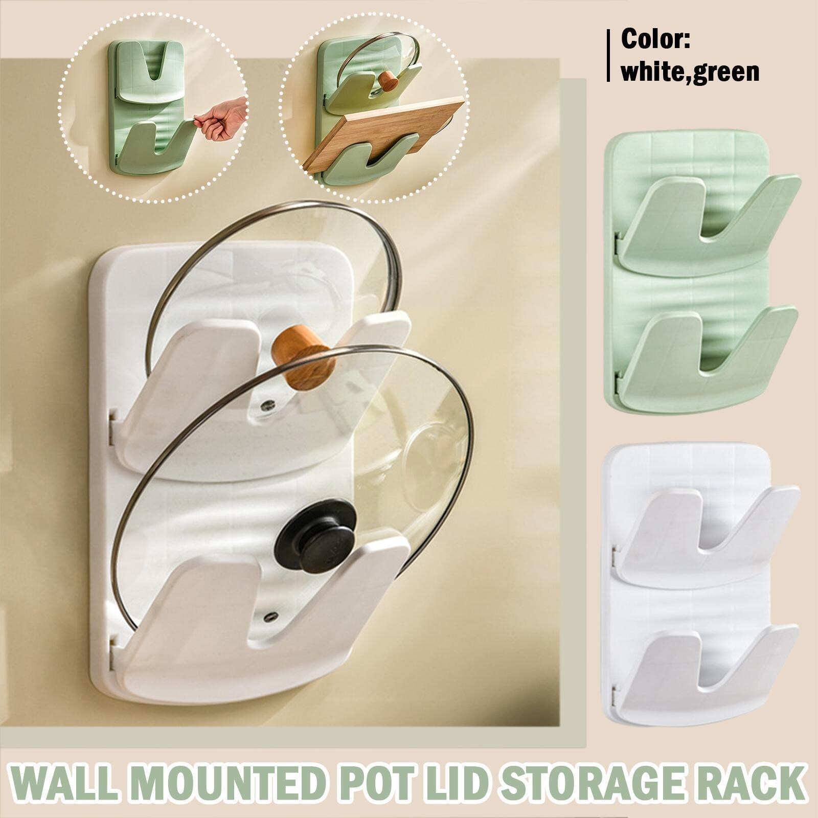 Gambar Wall Mounted Pot Lid Storage Rack Kitchen Double Pot Chopping Holder Holder Rest Folding Board Plastic Cover Organizer Lid P7w0