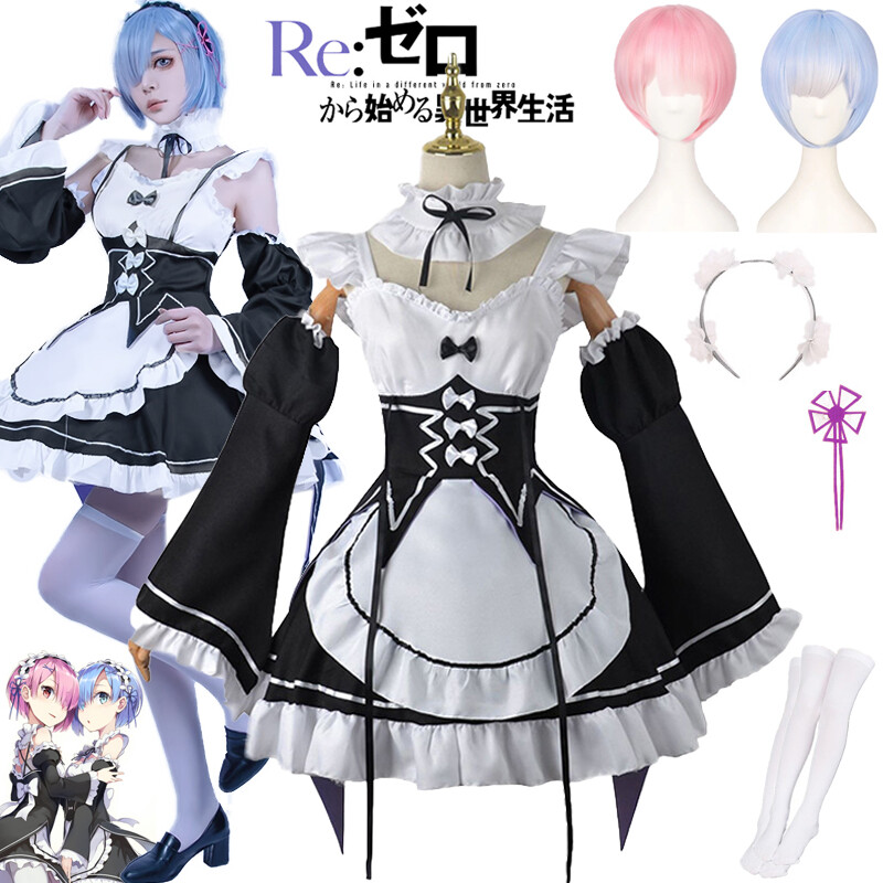  Anime Re:Zero Trang Phục Cosplay cho phụ nữ Rem RAM đồng phục hầu gái Bộ váy Nhật Bản Lolita váy cosplay hồng xanh tóc giả ngắn với kẹp tóc 