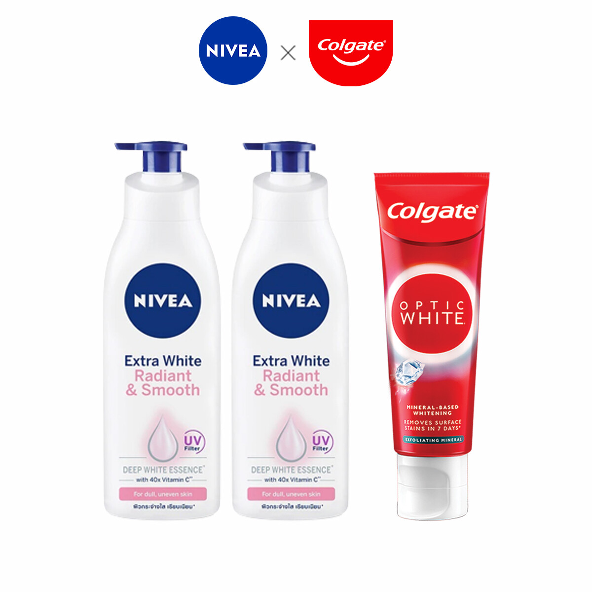 Gambar NIVEA Extra White Radiant   Smooth Body Lotion 400ml x2 + Colgate Optic White Exfoliating Mineral 100g