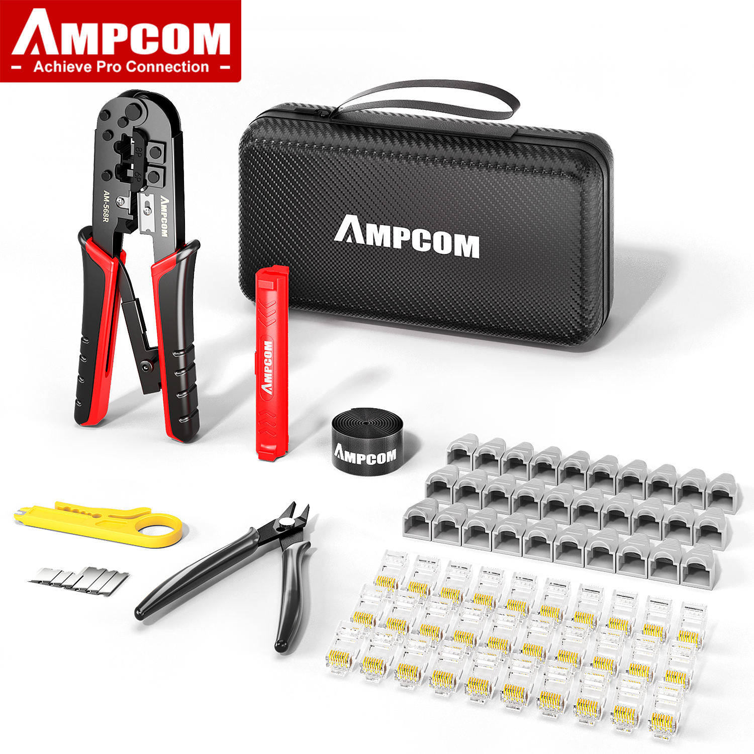 AMPCOM Network Crimp Tool RJ45 Plug Kit (7-in-1) with 30PCS RJ45 Plug,30 PCSRJ45 Boot and Multi-function Network Crimper for 8p/6p Connector CAT8/7/6A/6/5e STP UTP, with Wire Stripper Flush Cut Piler in Portable Waterproof Bag ราคา 506 บาท*ส่งฟรี