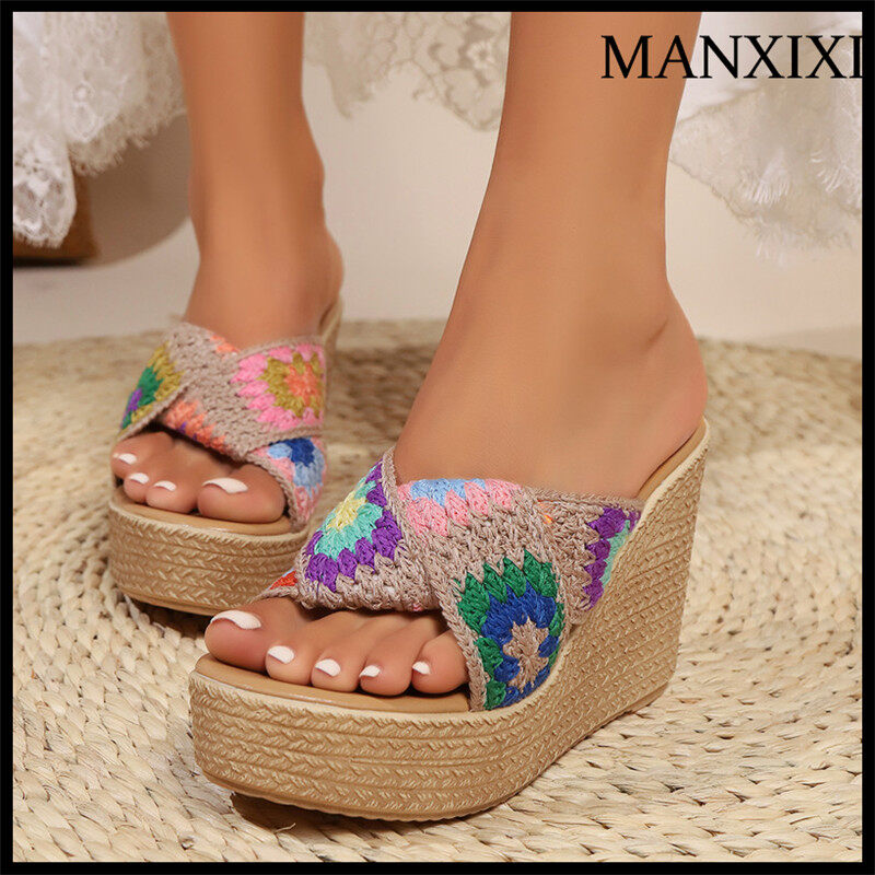 MANXIXI Fashion Wedge Thick Bottom 12 cm Beautiful Knit Sandals For Women (35-42 Size) ราคา 592 บาท*ส่งฟรี