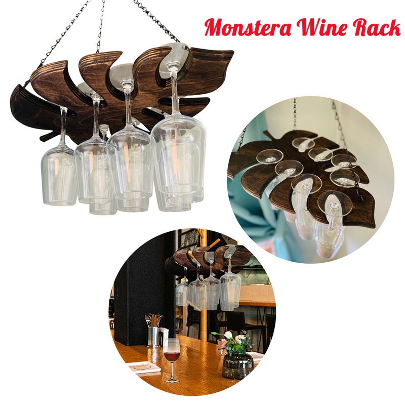 Gambar Wine Rack Wooden Wine Rack Home Hanging Turtle Back Leaf Wine Glass Hanger Bottle Cup Rack Decoration
