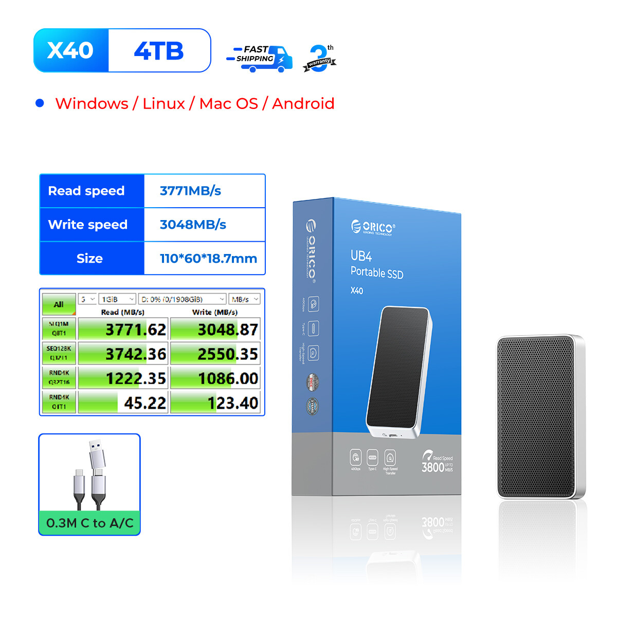 ORICO màng làm mát da tản nhiệt siêu Kim Loại Lớn vây Băng di động lên đến 3800 MB/giây màng làm mát