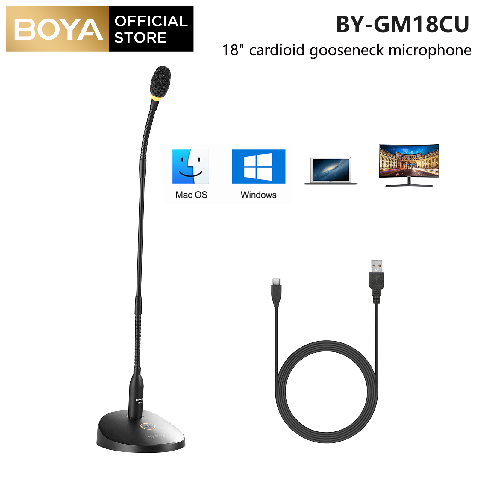 Boya micro ngưng tụ cổ ngỗng để bàn cardioid by-gm18cu với cáp usb-a đến type-c cho máy tính micrô để bàn cho hội nghị video phát trực tuyến các cuộc họp bài giảng
