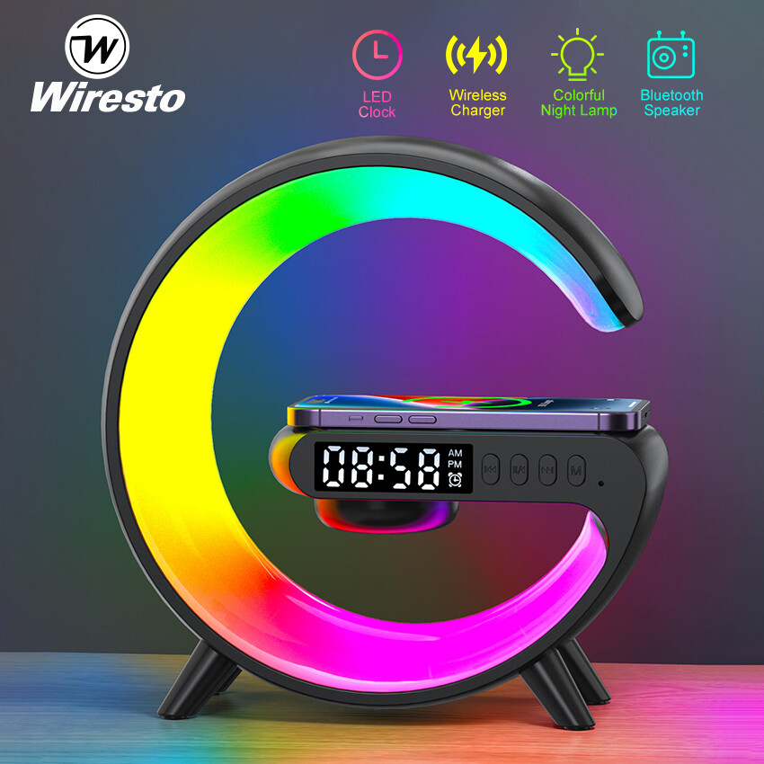 Wiresto 4 Trong 1 Loa Bluetooth 10W Đa Chức Năng sạc không dây LED Bầu Không Khí RGB đèn ban đêm Đồng hồ báo thức đèn bàn loa Bluetooth Không Dây Sạc Hiện Đại Loa