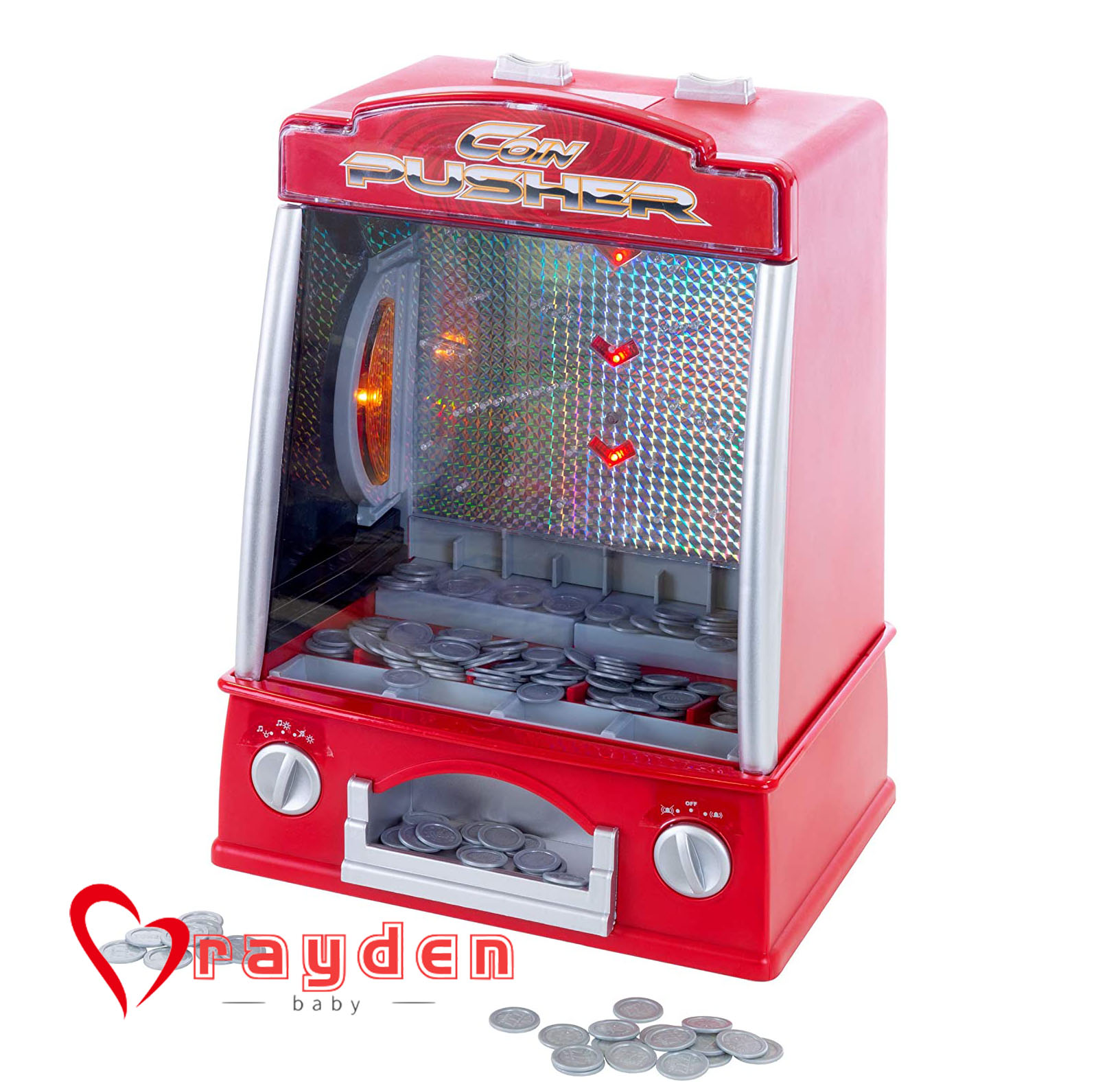Hey! Play! Coin Pusher Miniature Arcade Game - Classic Penny & Dime Dozer Table Or bar Top Prize Vending Machine for Kids & Adults (80-TX65214) , Red Harga  160 Ringgit*Penghantaran Percuma