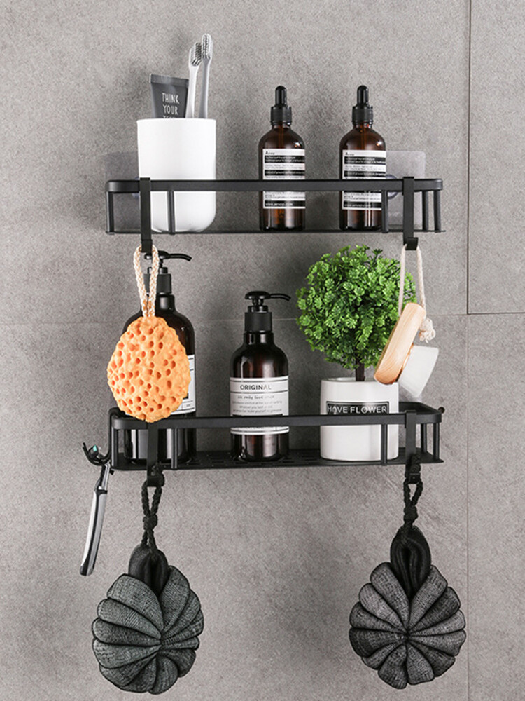 Gambar Black bathroom and kitchen Corner shelf Double layer square basket storage rack
