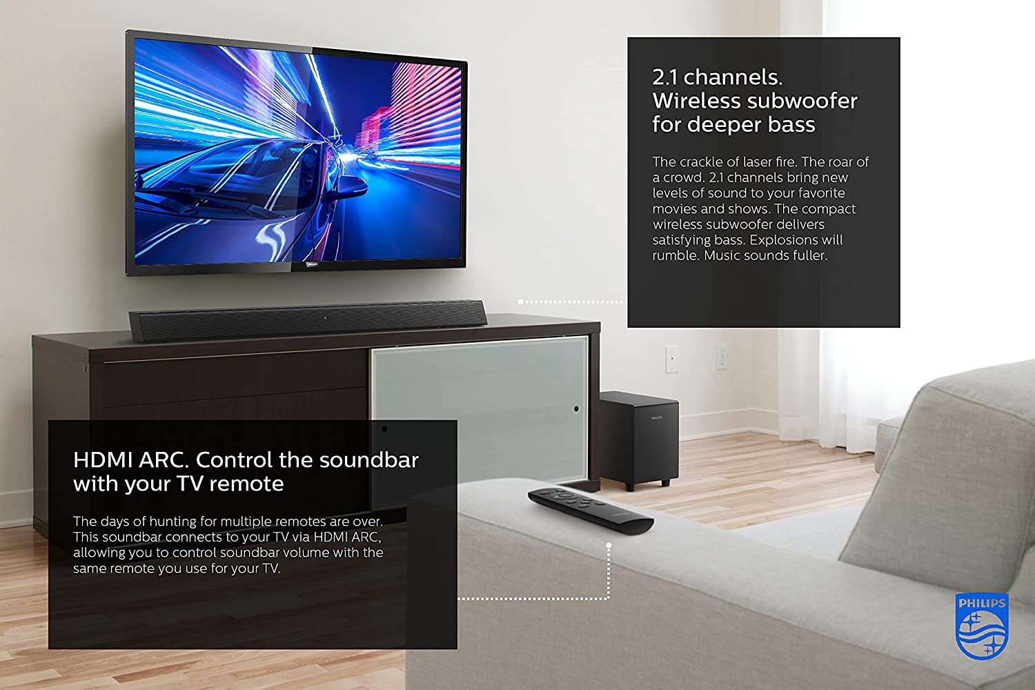 Philips TAB5305/98 Soundbar Speaker with Wireless Subwoofer description image 2
