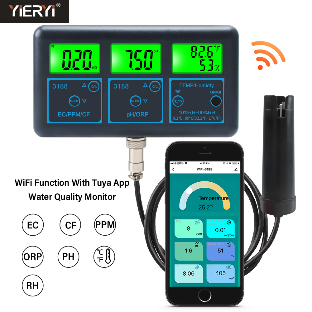 Yieryi 7-in-1 Smart Water Quality Monitor PH Meter WiFi pH/EC/ORP/TDS/RH/CF/Temp Aquarium Water Quality Tester with Tuya App Control ราคา 2,244 บาท*ส่งฟรี