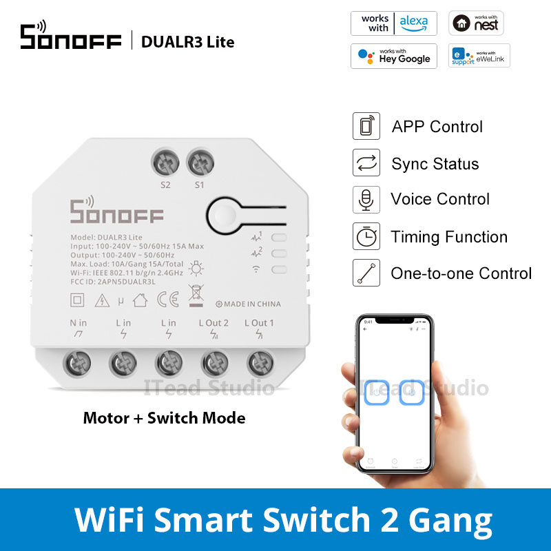 ITEAD SONOFF 2 Gang Công tắc thông minh DUALR3 LITE Mô-đun công tắc đèn Wifi Công tắc điều khiển ứng dụng eWeLink Điều khiển hai chiều / Chế độ động cơ Công tắc nhỏ trên tường cho màn trập lăn rèm