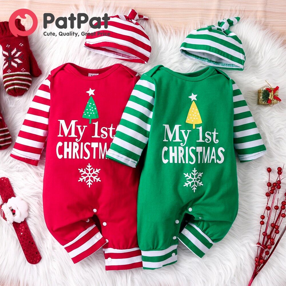 PatPat Christmas Baby Bộ Áo Liền Quần In Chữ Dài Tay Kẻ Sọc 95% Cotton Cho  Bé Trai/Bé Gái Giáng Sinh Kèm Mũ 